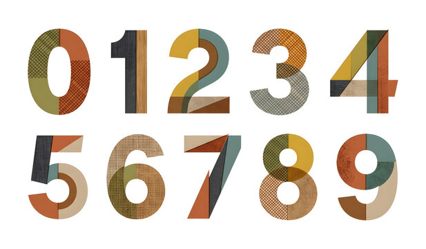 Abstract Geometric Numbers Set 0-9 with Earthy Textures