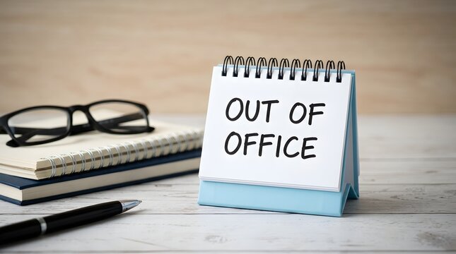 Out of office text displayed on a small desk calendar standing near a pen, eyeglasses, and stacked notebooks on a wooden table in a professional space