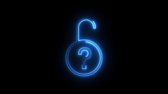 Neon blue outline of open padlock with question mark icon glowing in dark empty background.