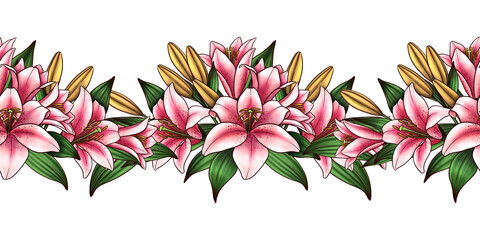 Obraz premium Botanical illustration of lily flowers collection isolated on white background. Hand drawn floral elements clipart for wedding invitations, birthday stationery, greeting cards, textile and labels.