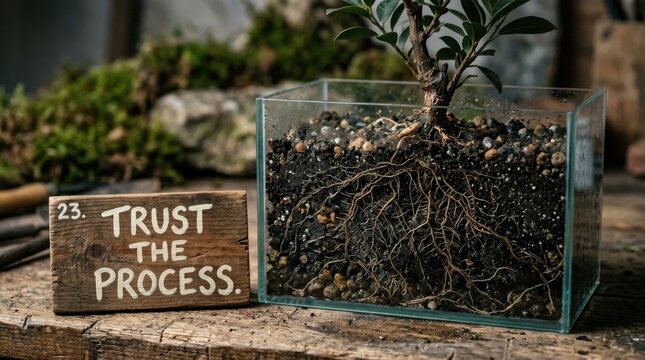 Close-up of a small green tree in a square glass planter showing complex root system in soil next to a rustic wooden sign with text Trust the Process on a weathered workbench.