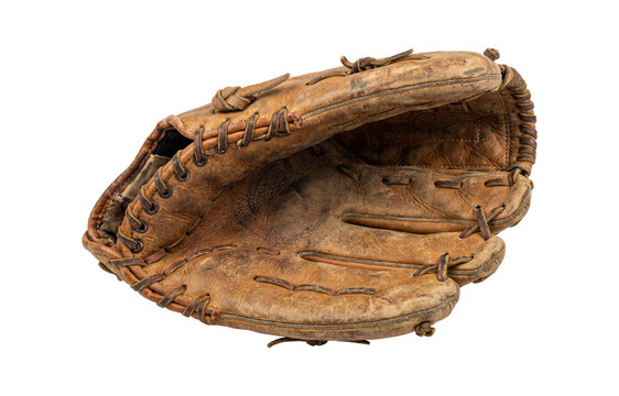 Worn baseball glove viewed from side
