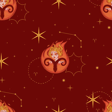 Seamless pattern the Aries Woman with ram, sheep, zodiac stars and celestial symbols. Inspired by astrology, the Chinese Eastern calendar and the Fire element. Mystical cosmic background, elegant repe