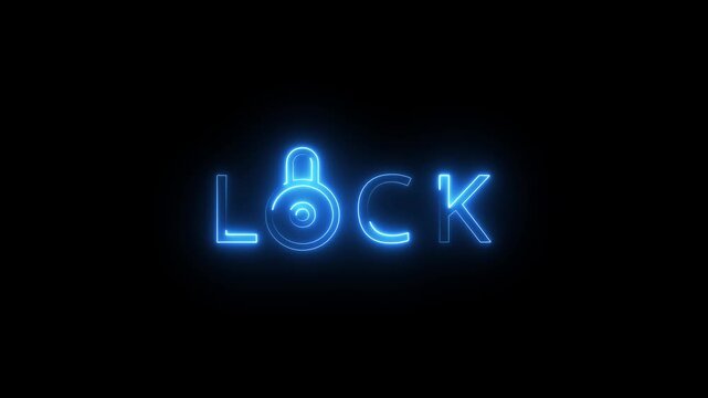 Neon blue word lock with padlock symbol flickering and glowing on black digital background.