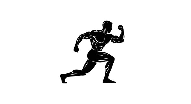 Muscular man running with fist pump with black silhouette muscular running one arm bent fist bodybuilding achievement sprinting exercise with strength