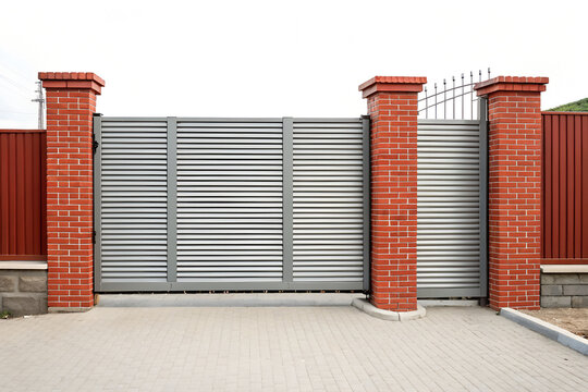 Modern gray metal sliding gate secured by sturdy red brick pillars against clear bright sky