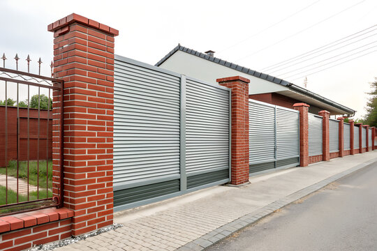 Modern metal privacy fence with red brick pillars bordering a paved sidewalk along suburban street
