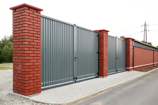 Gray metal sliding gate featuring rustic red brick pillars built along a modern suburban road exterior