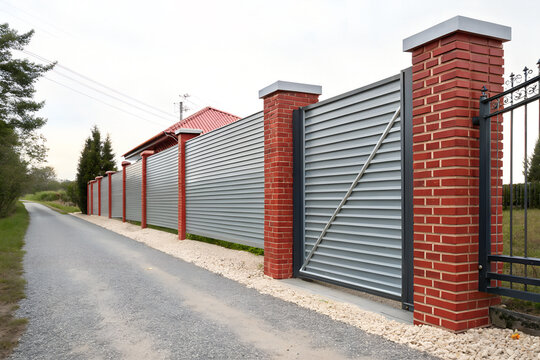 Modern metal privacy fence with red brick pillars bordering a quiet suburban street at daytime