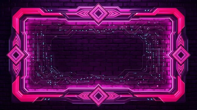 Futuristic neon glowing frame featuring intricate geometric patterns and digital circuitry designs displayed against a dark textured brick wall providing an eye catching vibrant purple backdrop
