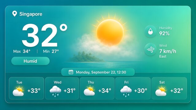 Weather forecast for Singapore showing a sunny day with high temperature