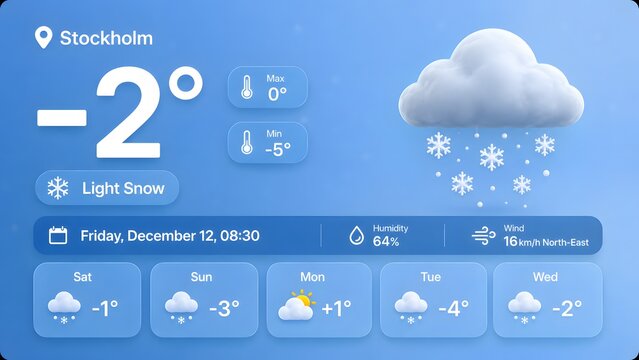 Winter weather report shows light snow and low temperatures in Stockholm