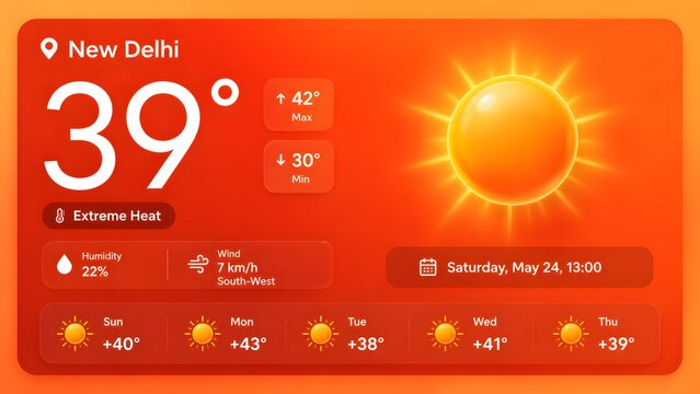 Heat alert in New Delhi shows current temperature and forecasts for the coming days