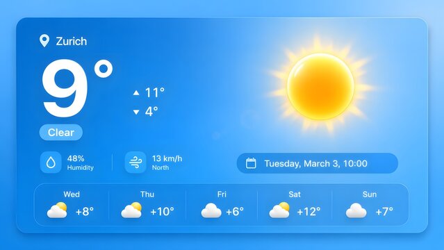 Weather report for Zurich on March 3 with clear skies and temperature details