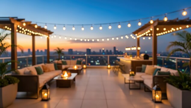 Rooftop terrace city skyline sunset evening luxury outdoor lounge string lights furniture bokeh urban lifestyle penthouse balcony view