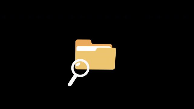 Magnifying glass and folder animation on alpha channel background. Searching for files in a folder or storage.