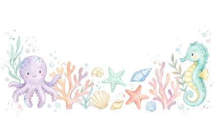 Obraz premium Watercolor Cute Underwater Sea Creatures Border with Octopus and Seahorse.