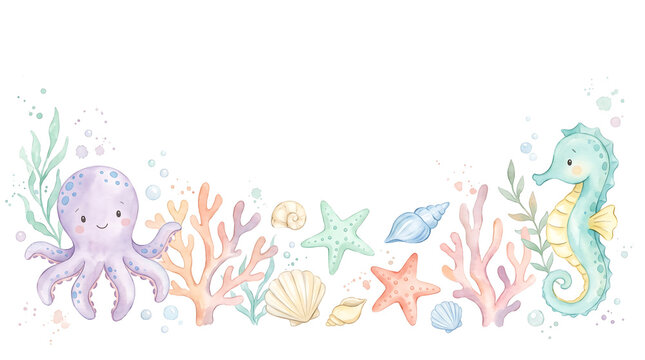 Watercolor Cute Underwater Sea Creatures Border with Octopus and Seahorse.