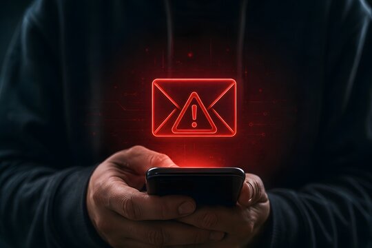 Person holding a smartphone with a glowing red email warning icon representing digital security threat