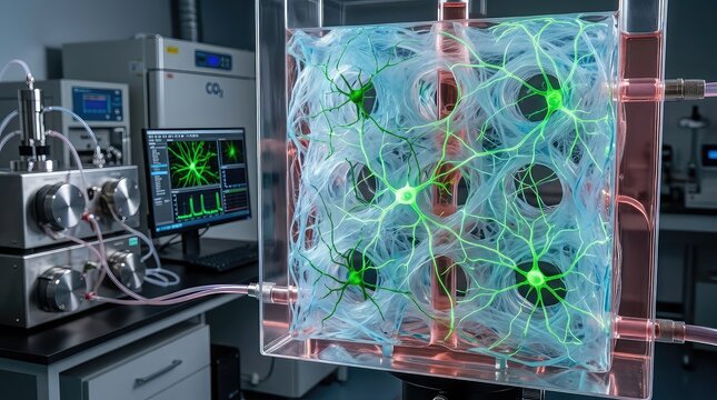 High-resolution laboratory study of artificial neural regeneration inside a three-dimensional hydrogel scaffold, healthy nerve cells extending dendritic projections while nutrient channels surround th