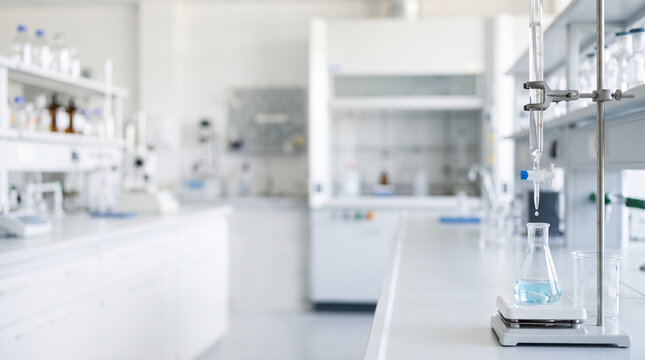 Chemistry laboratory setup performing a scientific titration experiment with precision, liquid dropping into a flask