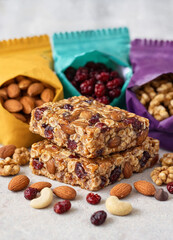 Fototapeta premium Two granola bars with oats, nuts, and dried cranberries arranged with scattered almonds, cashews, walnuts and berries. Colorful bags of nuts are visible in the background.
