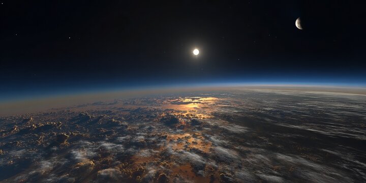 Stunning Earth View from Space - Clouds, Atmosphere, Moon, and Sun.