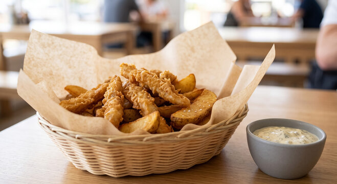 Fried fish strips and crispy potato wedges presented in a woven basket with parchment paper, accompanied by a side of creamy sauce