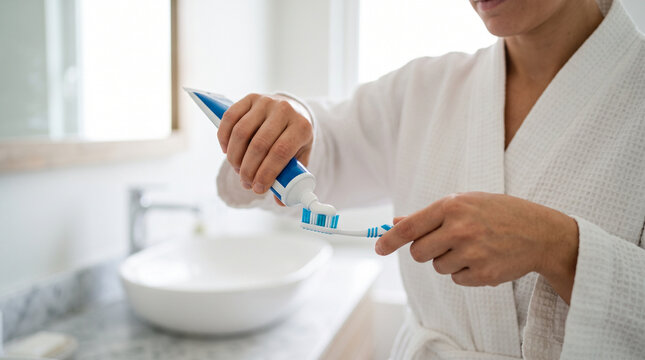 Woman preparing to brush teeth in modern bathroom, symbolizing dental care, hygiene routine, oral cleanliness, wellness, and self care.