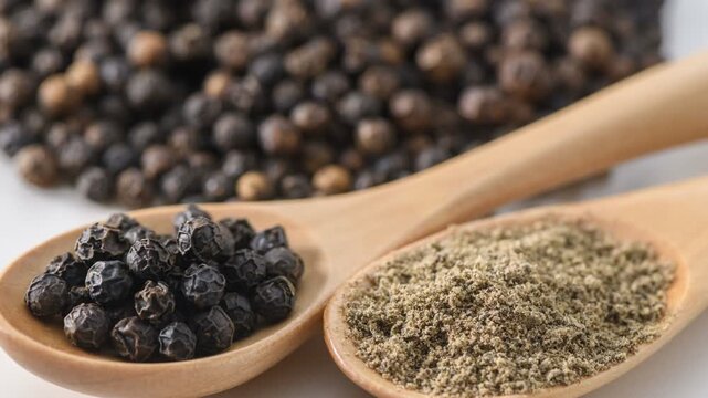 Pile of whole black peppercorns on white background