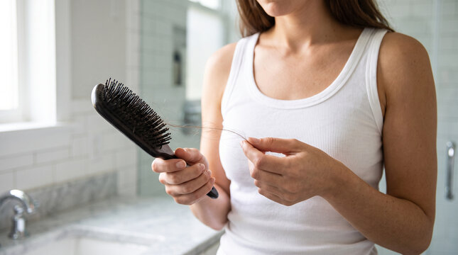Woman detangling long hair with wooden brush, symbolizing hair health, grooming, self care, beauty treatment, and daily hygiene routine.