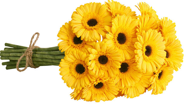 Bouquet of yellow gerbera daisies with green stems tied by twine