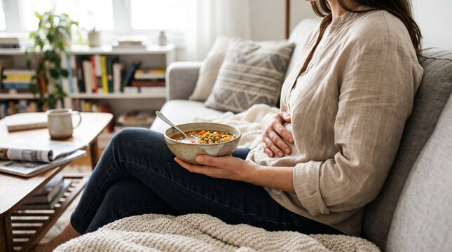 Person holding stomach while sitting on sofa with bowl, symbolizing digestive discomfort, stomach ache, overeating, and home healthcare.