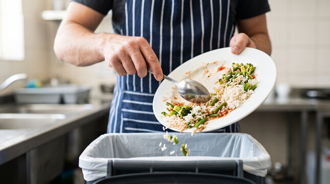 Home kitchen scene with person discarding leftovers, symbolizing daily waste management, clean living, and sustainable home practices.