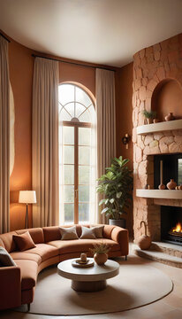 Modern organic living room showcasing a natural stone fireplace.Interior design concept