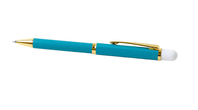Turquoise ballpoint pen with gold accents and white eraser tip
