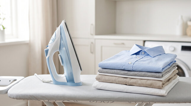 Steam iron beside neatly folded shirts on ironing board, symbolizing laundry care, household chores, organization and clean clothing routine.