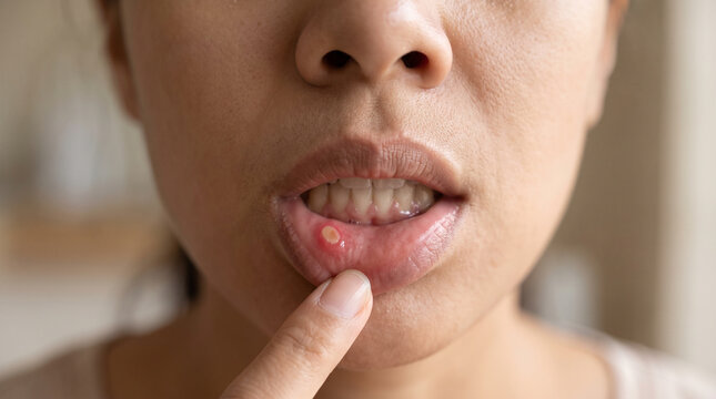 Close up woman touching a sore on lower lip, symbolizing lip irritation, oral health concern, discomfort, skincare and personal wellness.