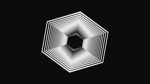 Polished metallic hexagonal prism rotating slowly on a dark background with subtle light reflections