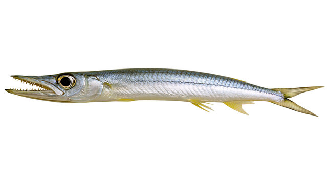 Long slender barracuda fish with sharp teeth and silver scales