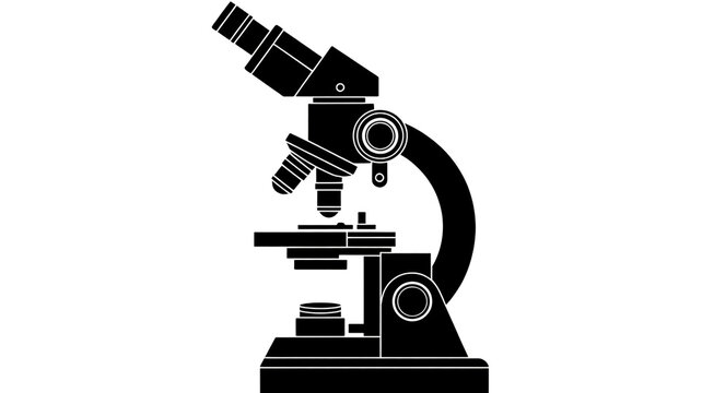 A black and white illustration of a professional laboratory microscope used for scientific research and medical diagnostics