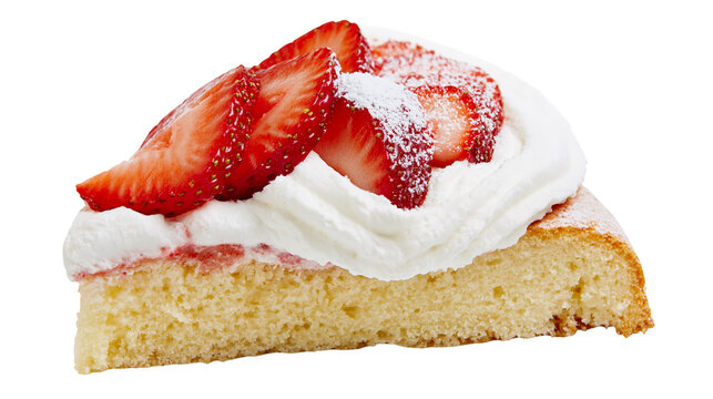 Slice of sponge cake with whipped cream and fresh strawberries dusted with powdered sugar
