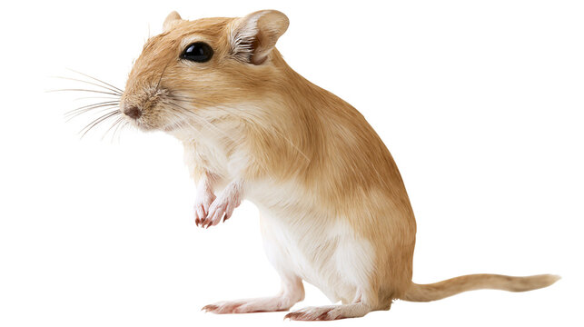 Small tan gerbil standing on hind legs, looking left