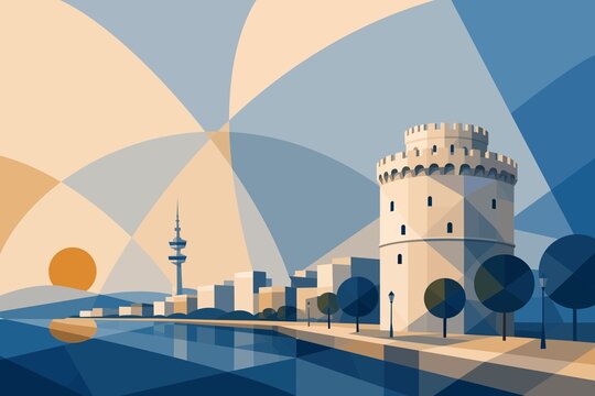 Abstract geometric illustration of the White Tower of Thessaloniki, Greece