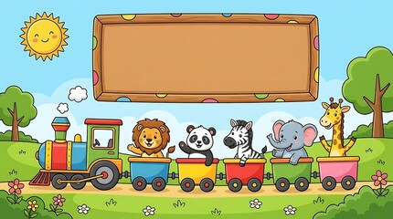 Fototapeta premium Cute wild animals riding a colorful toy train in a sunny park landscape with a blank wooden board for your text