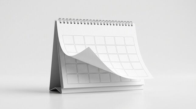 Blank spiral desk calendar mockup with curling page on white background for schedule planning and organizer template