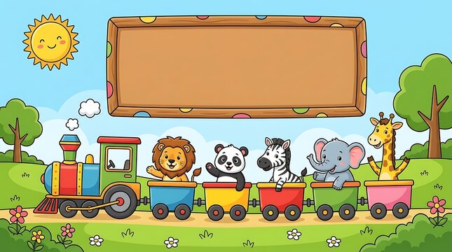 Cute wild animals riding a colorful toy train in a sunny park landscape with a blank wooden board for your text