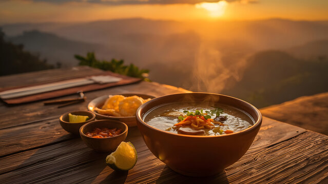 Steaming Bowl of Soup at Sunset Over Mountain Landscape, Delicious Meal Outdoors