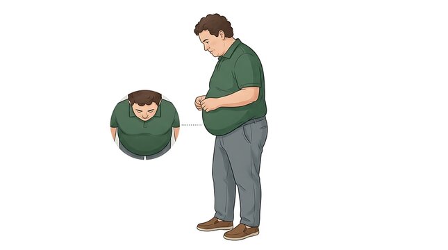 Vector illustration of an overweight man standing and looking down at his large belly fat unable to see his feet and shoes, illustrating severe obesity, visceral fat awareness and weight problems