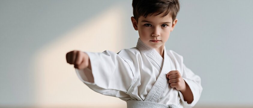 Young boy practicing karate punch wearing white gi and belt with focused expression in a minimal indoor setting